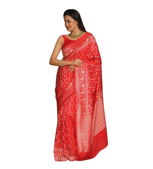 Generic Women's Silk Printed Saree With Unstitched Blouse 5.5Mtr (Orange)