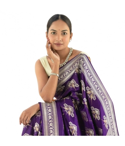 Generic Women's Silk Printed Saree With Unstitched Blouse 5.5Mtr (Purple)