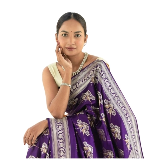 Generic Women's Silk Printed Saree With Unstitched Blouse 5.5Mtr (Purple)