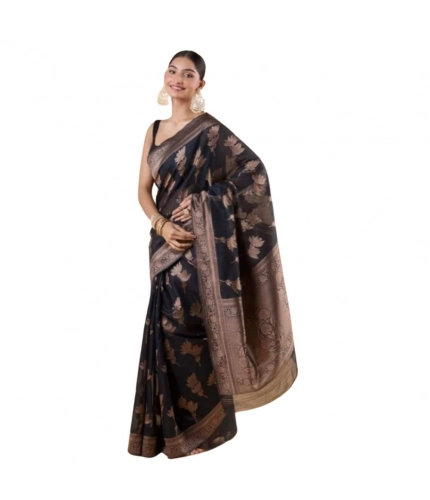 Generic Women's Silk Printed Saree With Unstitched Blouse 5.5Mtr (Black)