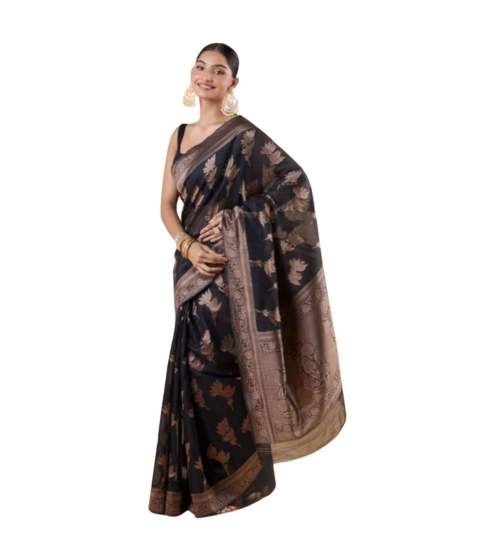 Generic Women's Silk Printed Saree With Unstitched Blouse 5.5Mtr (Black)