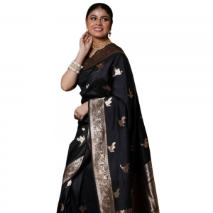 Generic Women's Silk Printed Saree With Unstitched Blouse 5.5Mtr (Black)