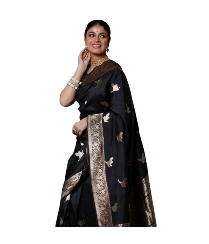 Generic Women's Silk Printed Saree With Unstitched Blouse 5.5Mtr (Black)