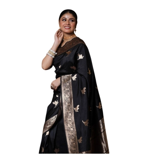 Generic Women's Silk Printed Saree With Unstitched Blouse 5.5Mtr (Black)