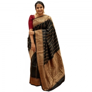 Generic Women's Silk Printed Saree With Unstitched Blouse 5.5Mtr (Black)