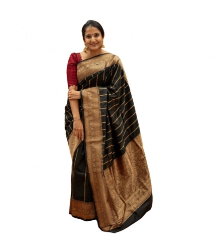Generic Women's Silk Printed Saree With Unstitched Blouse 5.5Mtr (Black)