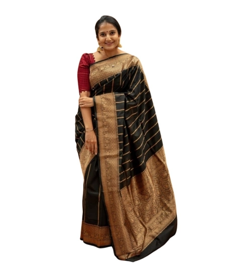 Generic Women's Silk Printed Saree With Unstitched Blouse 5.5Mtr (Black)