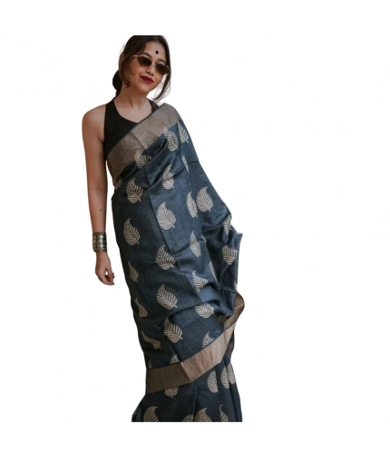 Generic Women's Silk Printed Saree With Unstitched Blouse 5.5Mtr (Black)