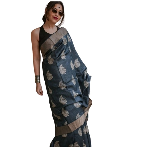 Women's Silk Printed Saree With Unstitched Blouse 5.5Mtr (Black)