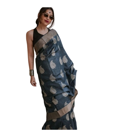 Generic Women's Silk Printed Saree With Unstitched Blouse 5.5Mtr (Black)