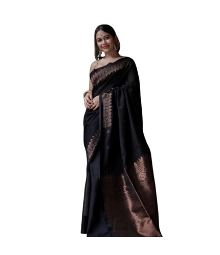 Generic Women's Silk Printed Saree With Unstitched Blouse 5.5Mtr (Black)