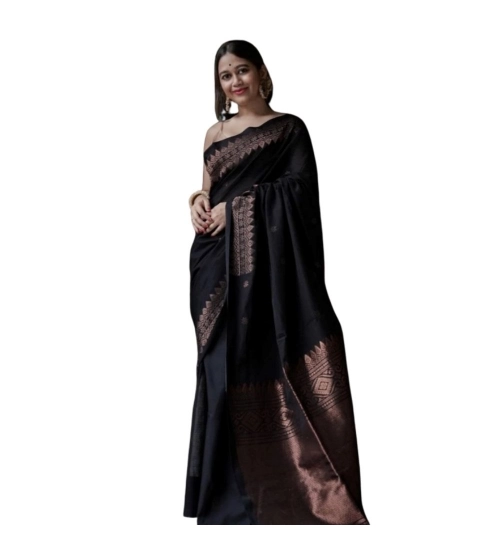Generic Women's Silk Printed Saree With Unstitched Blouse 5.5Mtr (Black)