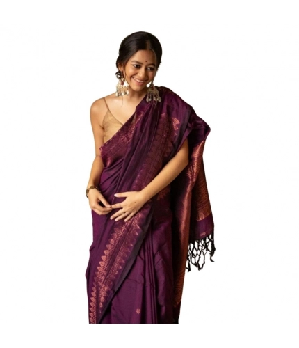 Generic Women's Silk Printed Saree With Unstitched Blouse 5.5Mtr (Wine)