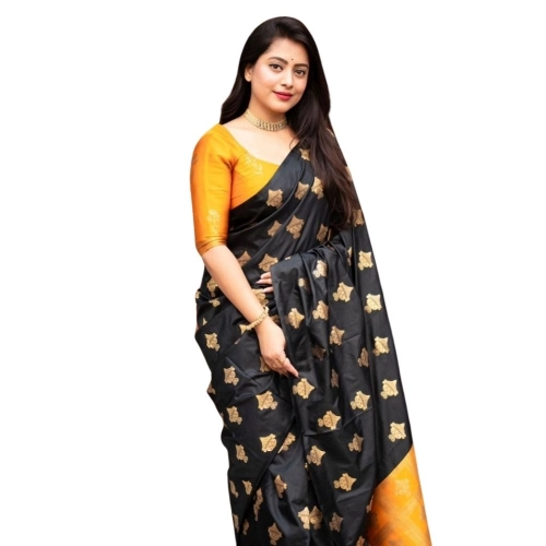 Women's Silk Printed Saree With Unstitched Blouse 5.5Mtr (Yellow)