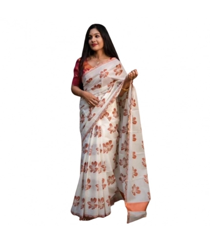 Generic Women's Silk Printed Saree With Unstitched Blouse 5.5Mtr (White-Orange)