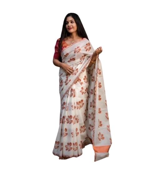 Generic Women's Silk Printed Saree With Unstitched Blouse 5.5Mtr (White-Orange)
