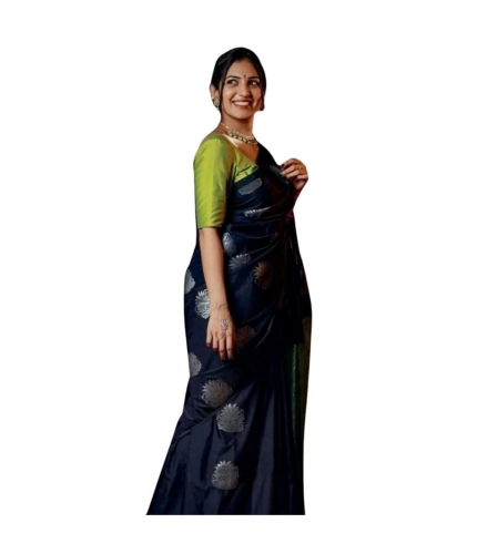 Generic Women's Silk Printed Saree With Unstitched Blouse 5.5Mtr (Navy Blue)