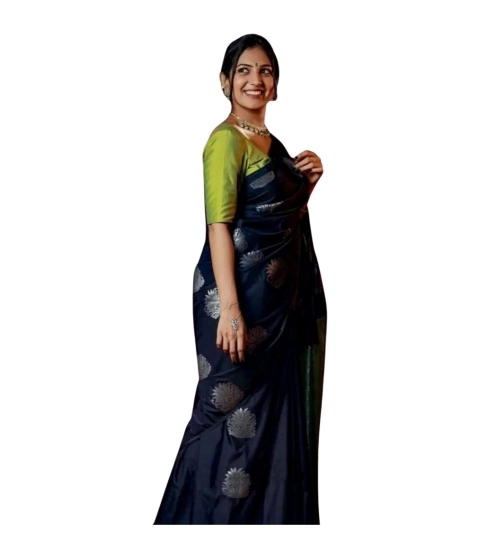 Generic Women's Silk Printed Saree With Unstitched Blouse 5.5Mtr (Navy Blue)