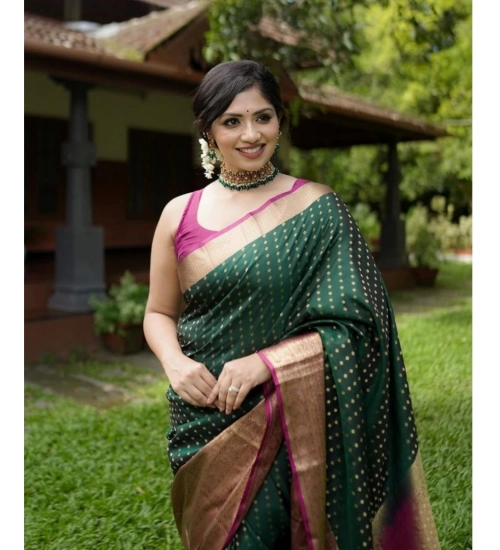 Generic Women's Silk Printed Saree With Unstitched Blouse 5.5Mtr (Green)