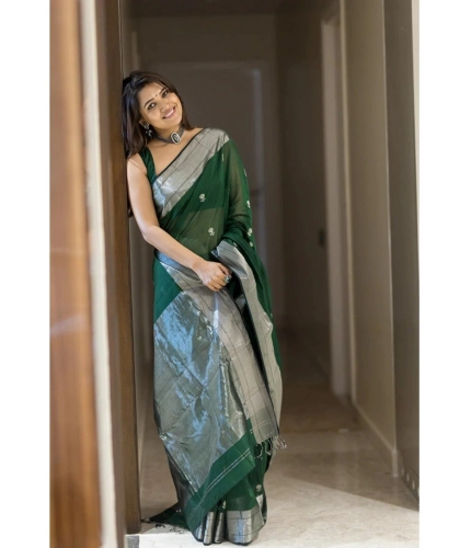 Generic Women's Cotton  Printed Saree With Unstitched Blouse 5.5Mtr (Green)