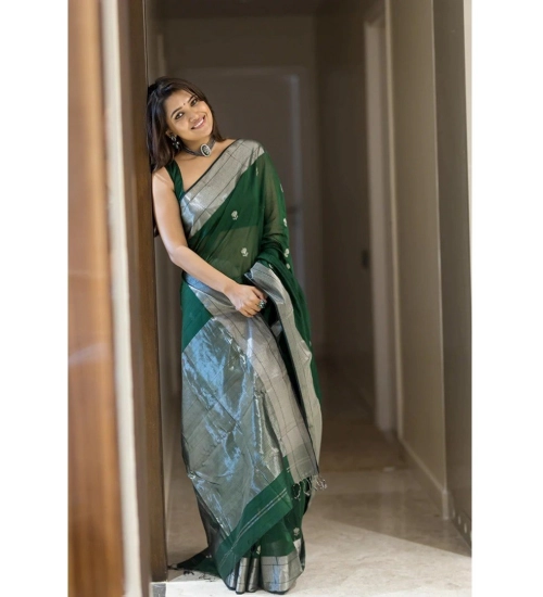 Generic Women's Cotton  Printed Saree With Unstitched Blouse 5.5Mtr (Green)