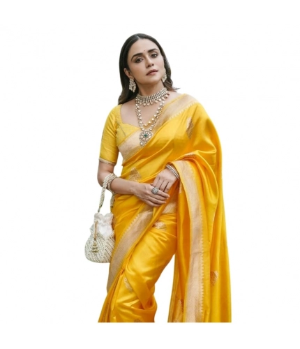 Generic Women's Silk Printed Saree With Unstitched Blouse 5.5Mtr (Yellow)