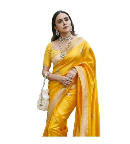 Generic Women's Silk Printed Saree With Unstitched Blouse 5.5Mtr (Yellow)