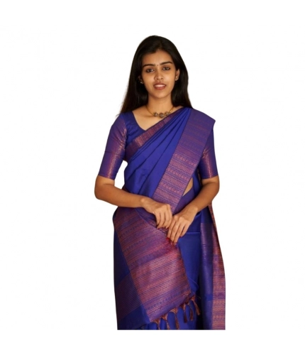 Generic Women's Silk Printed Saree With Unstitched Blouse 5.5Mtr (Blue)