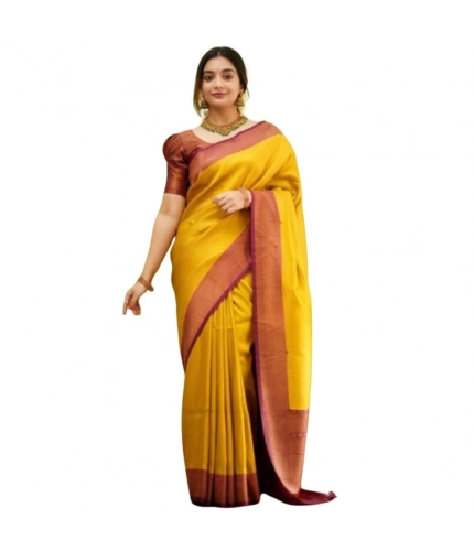 Generic Women's Silk Printed Saree With Unstitched Blouse 5.5Mtr (Yellow)