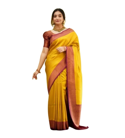 Generic Women's Silk Printed Saree With Unstitched Blouse 5.5Mtr (Yellow)