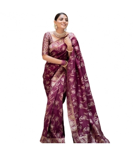 Generic Women's Silk Printed Saree With Unstitched Blouse 5.5Mtr (Wine)
