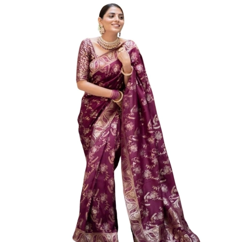 Women's Silk Printed Saree With Unstitched Blouse 5.5Mtr (Wine)