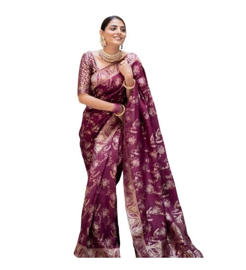 Generic Women's Silk Printed Saree With Unstitched Blouse 5.5Mtr (Wine)