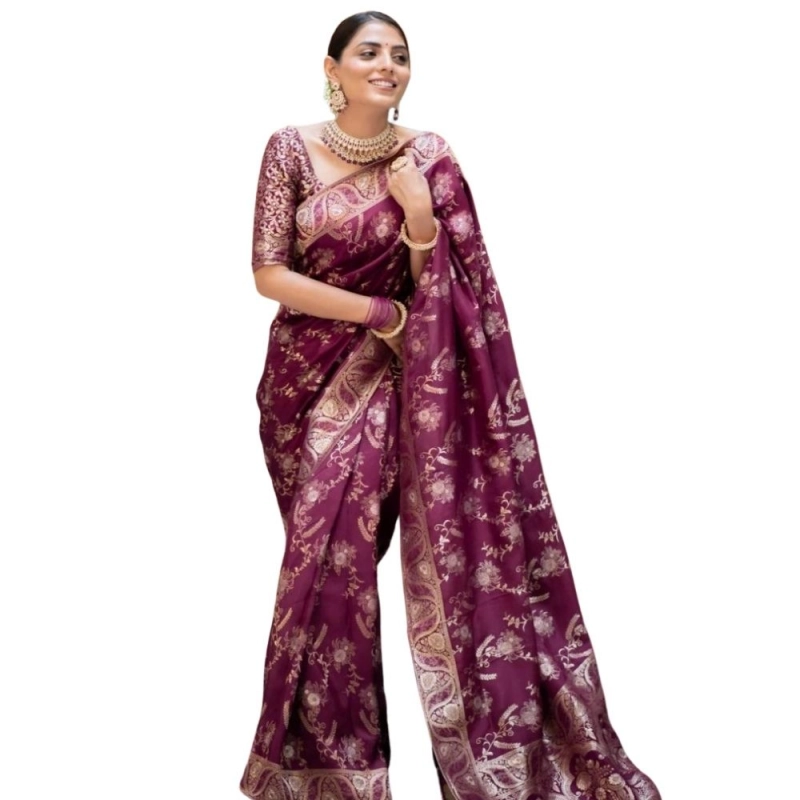 Women's Silk Printed Saree With Unstitched Blouse 5.5Mtr (Wine) Women's Silk Printed Saree With Unstitched Blouse 5.5Mtr (Wine)