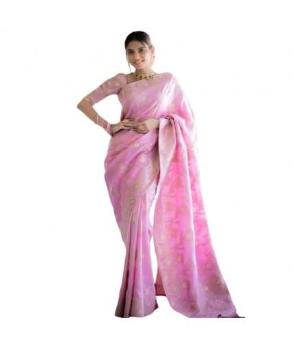 Generic Women's Silk Printed Saree With Unstitched Blouse 5.5Mtr (Pink)