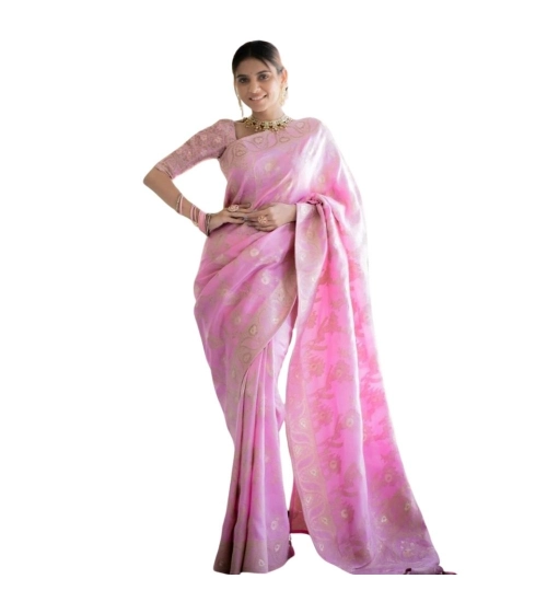 Generic Women's Silk Printed Saree With Unstitched Blouse 5.5Mtr (Pink)