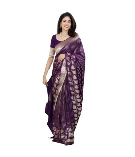 Generic Women's Silk Printed Saree With Unstitched Blouse 5.5Mtr (Purple)