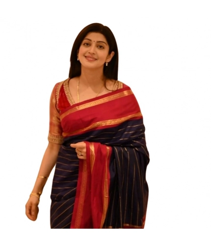 Generic Women's Silk Printed Saree With Unstitched Blouse 5.5Mtr (Navy Blue)