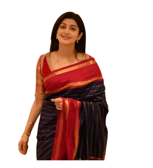 Generic Women's Silk Printed Saree With Unstitched Blouse 5.5Mtr (Navy Blue)