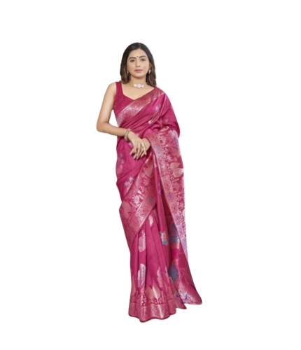 Generic Women's Silk Printed Saree With Unstitched Blouse 5.5Mtr (Rani Pink)