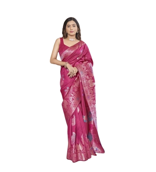 Generic Women's Silk Printed Saree With Unstitched Blouse 5.5Mtr (Rani Pink)