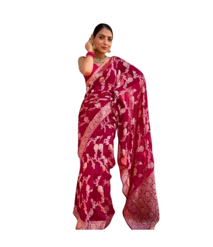 Generic Women's Silk Printed Saree With Unstitched Blouse 5.5Mtr (Pink)