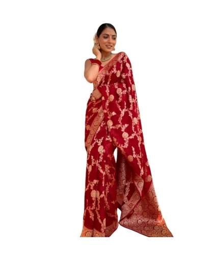 Generic Women's Silk Printed Saree With Unstitched Blouse 5.5Mtr (Red)