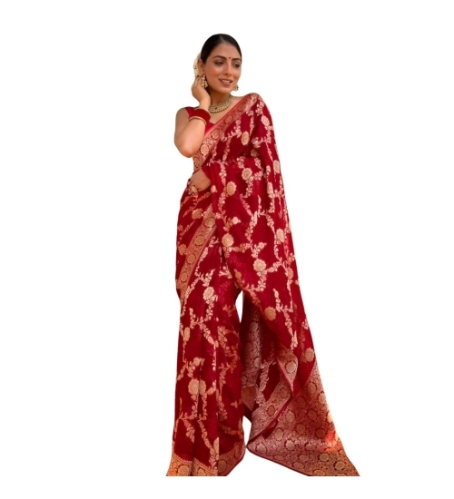 Generic Women's Silk Printed Saree With Unstitched Blouse 5.5Mtr (Red)
