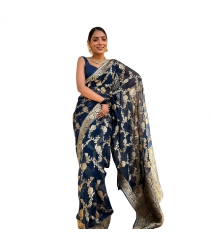 Generic Women's Silk Printed Saree With Unstitched Blouse 5.5Mtr (Dark Blue)