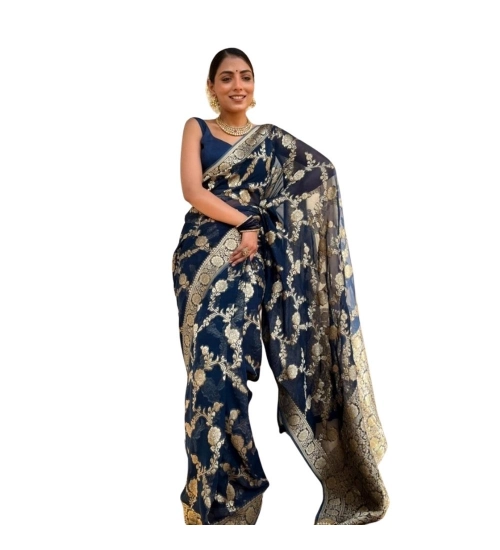 Generic Women's Silk Printed Saree With Unstitched Blouse 5.5Mtr (Dark Blue)