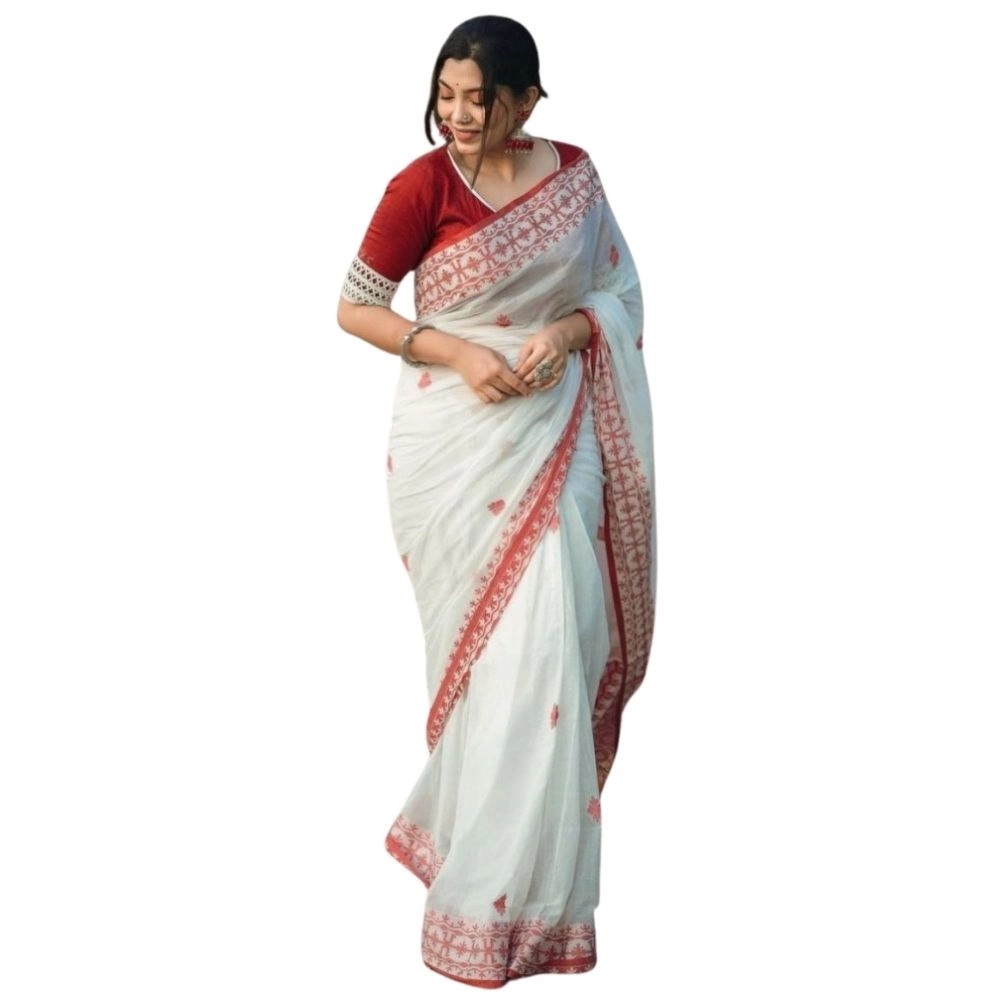 Generic Women's Cotton Printed Saree With Unstitched Blouse 5.5Mtr (White-Red) Generic Women's Cotton Printed Saree With Unstitched Blouse 5.5Mtr (White-Red)