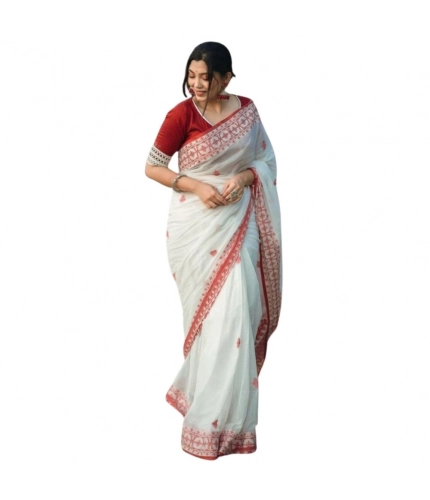 Generic Women's Cotton  Printed Saree With Unstitched Blouse 5.5Mtr (White-Red)