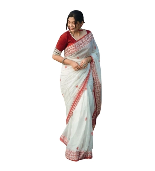 Generic Women's Cotton  Printed Saree With Unstitched Blouse 5.5Mtr (White-Red)
