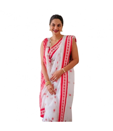Generic Women's Cotton  Printed Saree With Unstitched Blouse 5.5Mtr (White-Pink)